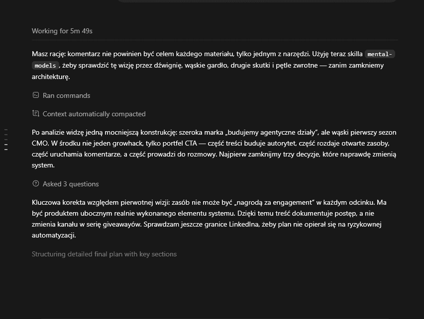 Zrzut ekranu z Codex, który sam uruchamia skill mental-models i zmienia rekomendację po analizie